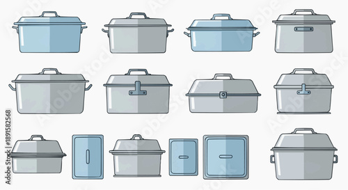 Collection of various kitchen pots and containers displayed from multiple angles, showcasing different views and designs
