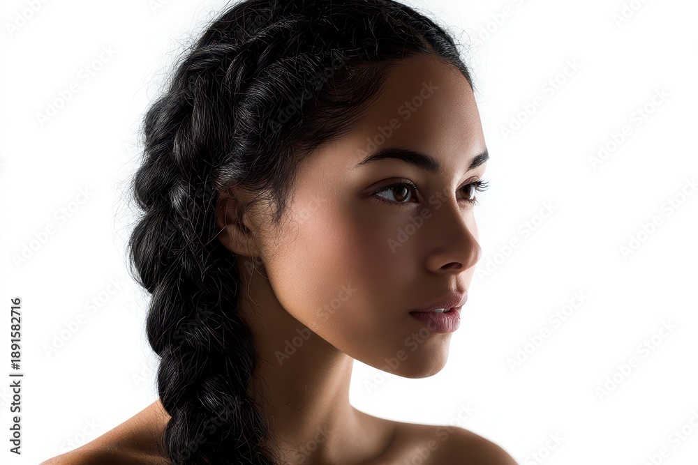 Fototapeta premium Isolated studio shot of a single long black braid on a clean white backdrop