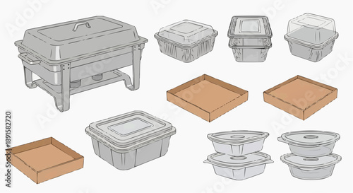 Various food containers and serving dishes arranged on a clean white background from a straightforward viewpoint