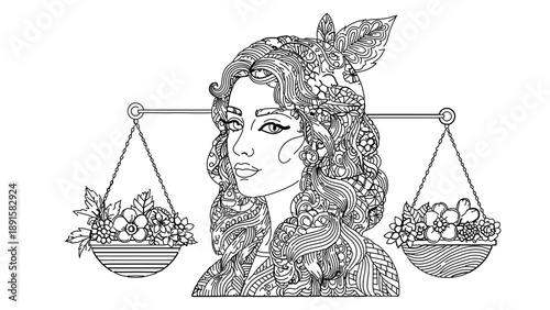 A beautiful woman with curly hair holding a scale with flowers and fruits in a minimalist line art illustration