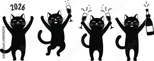 Four black cats celebrating the year 2026 with champagne and a bottle new year celebration 1