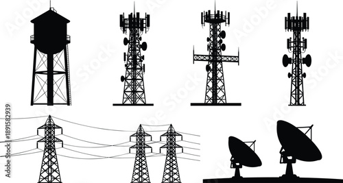 Black and white silhouettes of communication towers, antennas, power lines, and satellite dishes representing telecom infrastructure, wireless networks, broadcasting technology, and industrial 