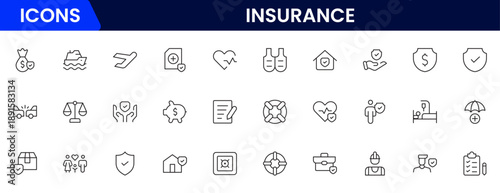 Insurance and assurance icon set. Containing healthcare medical, life, car, home, travel insurance icons.