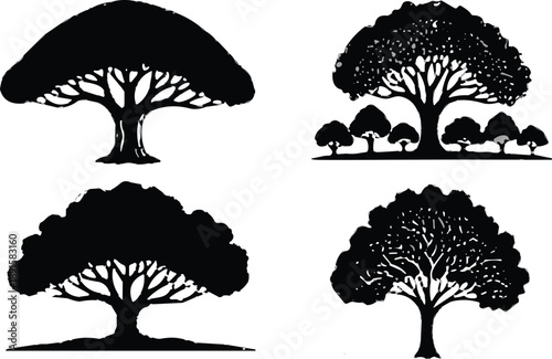Collection of various tree silhouettes with different leaf canopy shapes including oak banyan and tropical species for nature landscape architecture and environmental design.