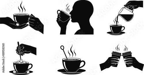 Coffee drinking silhouettes collection showing hands, cups, pouring, stirring and sipping hot beverage moments, minimalist black vector icon set isolated on white background