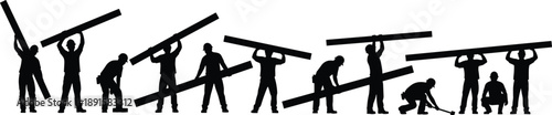 Construction Workers Silhouette Set Showing Laborers Lifting Beams, Carrying Materials and Working Together on Building Site, Industrial Teamwork and Manual Labor Concept in Black Vector Illustration 