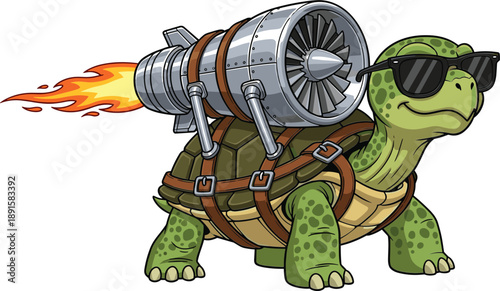 Cool Cartoon Turtle with Jet Engine Backpack and Sunglasses, Funny Fantasy Animal Character Illustration for Kids, Mascot, Gaming and Creative Design Isolated on White Background