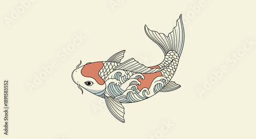 Illustration of a koi fish with traditional Japanese wave patterns.