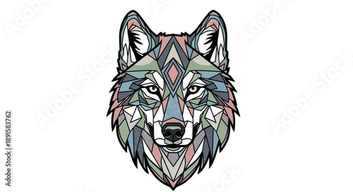 Abstract geometric illustration of a wolf head with colorful polygonal shapes.