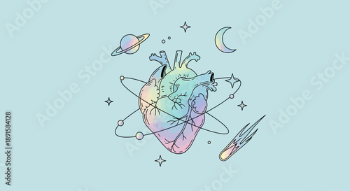 Illustration of a colorful human heart with celestial elements and cosmic background.