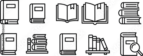 Collection of various book and library icons in simple line art style