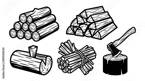 Collection of black and white firewood icons including stacked logs kindling bundles and a sharp axe stuck in a wooden stump for heating