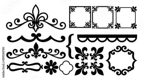 A collection of black silhouette decorative elements including fleur symbols floral frames borders and curly dividers for wedding invitations and vintage stationery