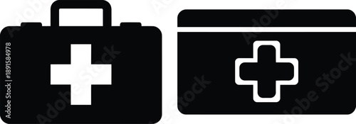 Essential first aid kit and medical box icons for emergency and health care applications