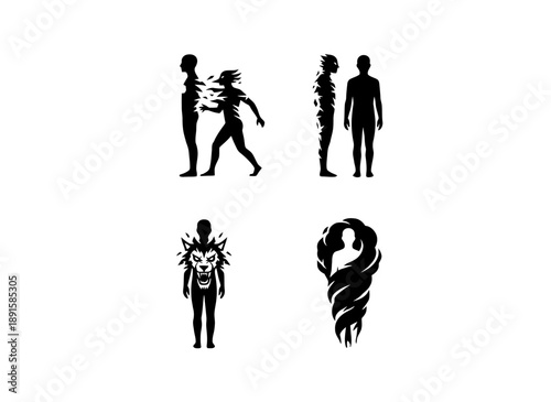 Human Life and Inner Transformation Icon Set Illustrating Emotional States, Physical Presence, and Psychological Evolution in Expressive Black Silhouette Style
