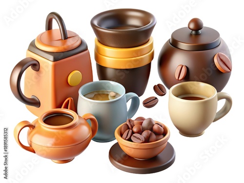 A delightful collection of stylized coffee brewing essentials and delicious beans in warm earthy tones