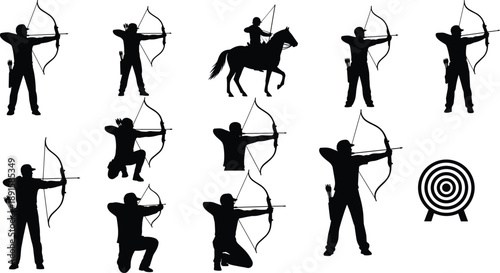 Archer silhouettes set showing various archery poses including standing, kneeling, mounted archer and target practice, isolated black vector icons on white background