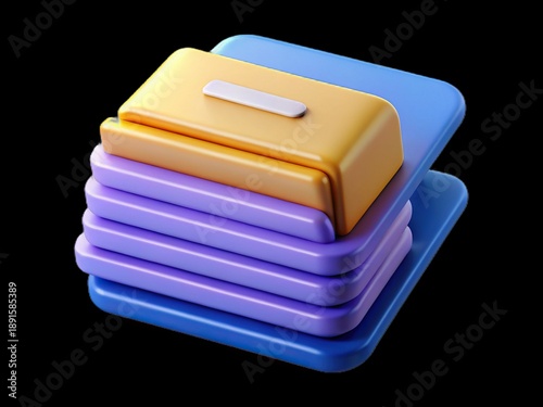 A glossy three-dimensional stack of colorful files and folders on a dark background illustrating data organization