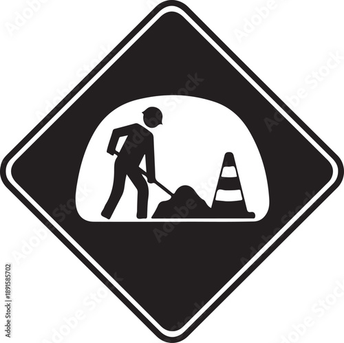 Road work ahead sign with worker shoveling dirt and traffic cone