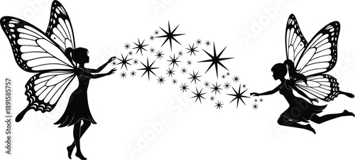 Magical fairy silhouettes with butterfly wings exchanging sparkling stars, fantasy illustration isolated on white background for fairy tale design, mystical art and enchanting storytelling