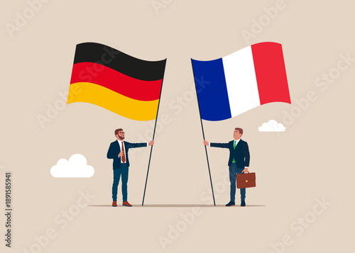 Bilateral political relations. Two flags of friendship. Businessmen united between Germany and its friendly countries France. Flat vector illustration.