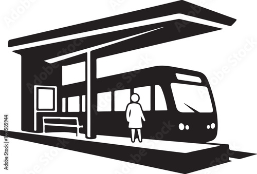 Woman waiting at train station platform with tram or subway train arrival scene