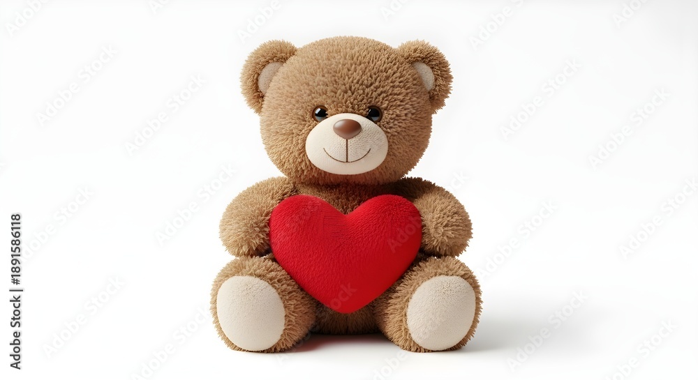 Obraz premium A cute brown teddy bear holding a red heart on a white background