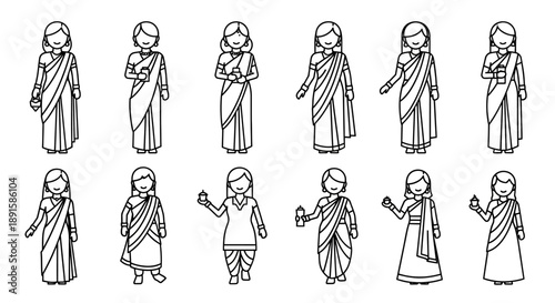 A collection of diverse Indian women illustrations showcasing cultural heritage and traditional attire, representing various roles and styles from the subcontinent