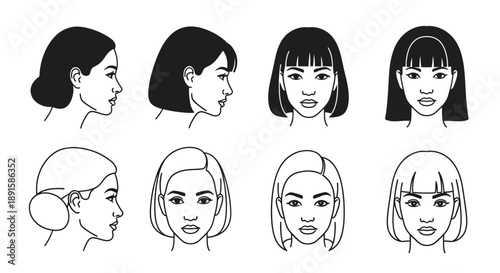 Diverse Collection of Women's Hairstyles in Clean Line Art Vector Illustrations, Featuring Various Bob Cuts, Bangs, and Profile Views for Modern Beauty Concepts