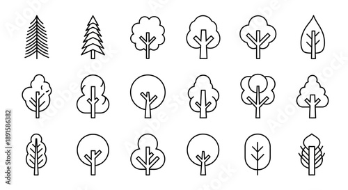 Minimalist outline tree icons vector set, representing diverse botanical forms and the concept of natural growth. Ideal for environmental design, web projects, and eco graphics