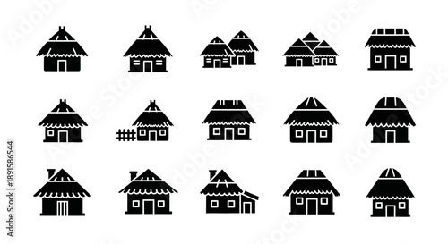 Vector icon collection of traditional houses, showcasing diverse rural dwellings and village architecture with thatched roofs, perfect for cultural, travel, and heritage design