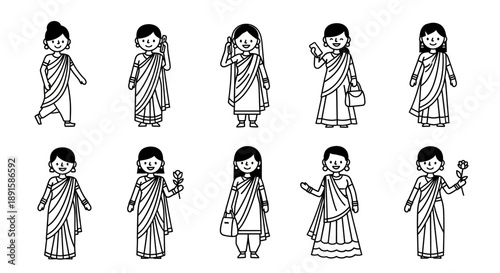 Collection of Diverse Indian Women Illustrations in Traditional Sarees, Each Depicting Unique Poses and Styles