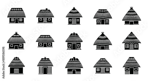 Artistic rendition of an array of traditional, simple homes, each featuring a classic thatched roof and rustic charm, perfect for design projects