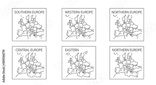 Maps of Europe divided into distinct regions Southern, Western, Northern, Central, Eastern, and Northern Europe with detailed outlines of countries and geographical borders