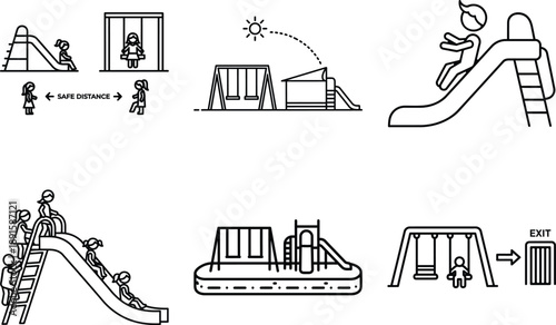 Diverse line art icons of children's playground activities emphasizing fun and safety rules