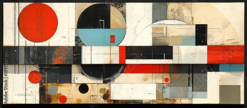 Geometric Abstraction: Red Circles and Architectural Fragments in Textured Composition