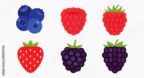Assorted berries including blueberries, raspberries, strawberries, and blackberries arranged in a grid pattern on a plain surface.