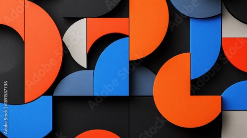 Geometric Harmony: Abstract Composition of Circles, Squares, and Vibrant Colors on Black Background