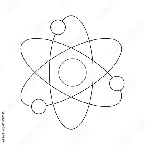 Atomic Structure Vector Icon, Minimalist Science and Physics Orbit Symbol, Nuclear Energy and Education Sign on White Background