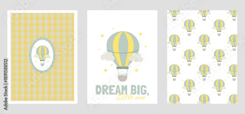 A set of cute posters for a child's room with a hot air balloon. Decor for a child's room. Perfect for children's clothing and textiles.