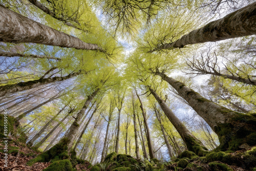 Obraz premium Upward View of Beech Trees in Spring: Bright Green Leaves and Dappled Light