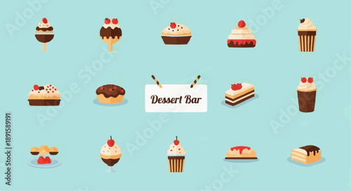 Assorted desserts on display at the Dessert Bar, featuring cupcakes and pastries, viewed from directly above in a colorful digital illustration