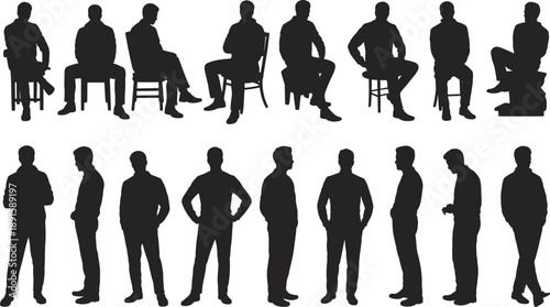 Fifteen male silhouettes in seated and standing poses on white background, ideal for posture studies, character design, animation reference, and body language analysis