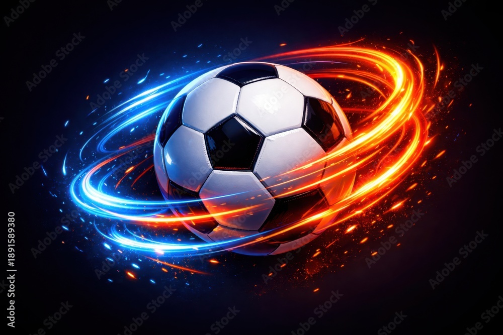 Naklejka premium Dynamic Soccer Ball with Blue and Red Energy Trails