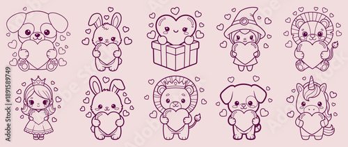 Collection of cute chibi characters holding hearts line art for coloring book vector illustration