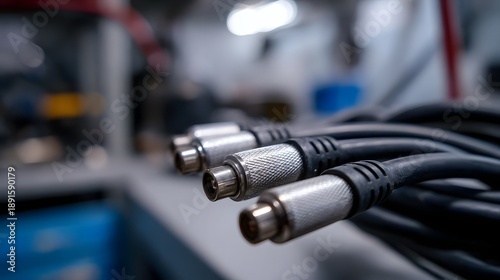 Bundled coaxial cables with metallic connectors in a technical setting