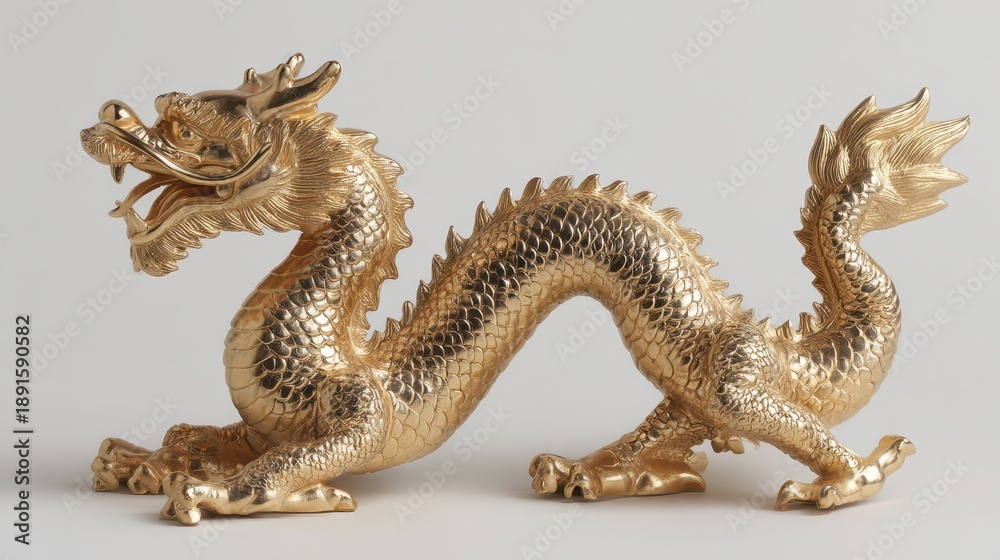 Fototapeta premium Ornate dragon statue crafted in gold against bright white background