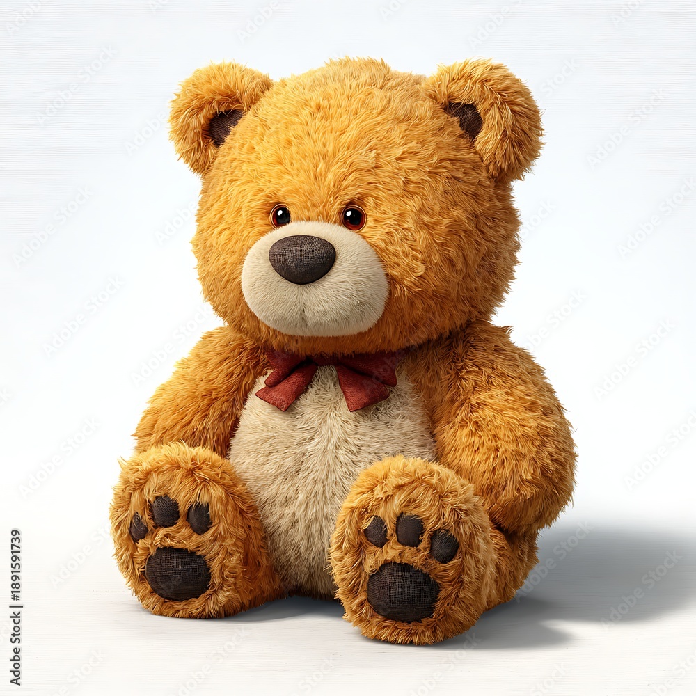 Obraz premium Fluffy brown teddy bear wearing a red bow tie sitting on a white surface stuffed animal