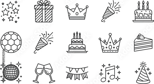 WebBirthday party line icon set featuring celebration cake, gift box, party poppers, disco ball, musical notes, crowns, and champagne glasses.