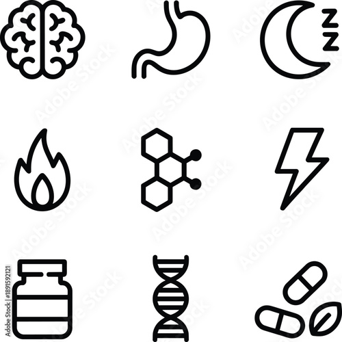 WebBiological and wellness line icon set featuring human brain, stomach, sleep moon, flame, molecular structure, lightning bolt, and medical supplements.